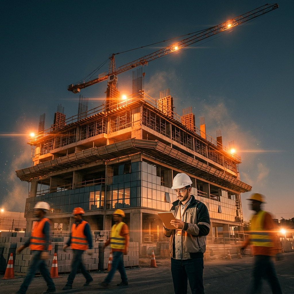 Canteiro de obras em operação com equipe ativa